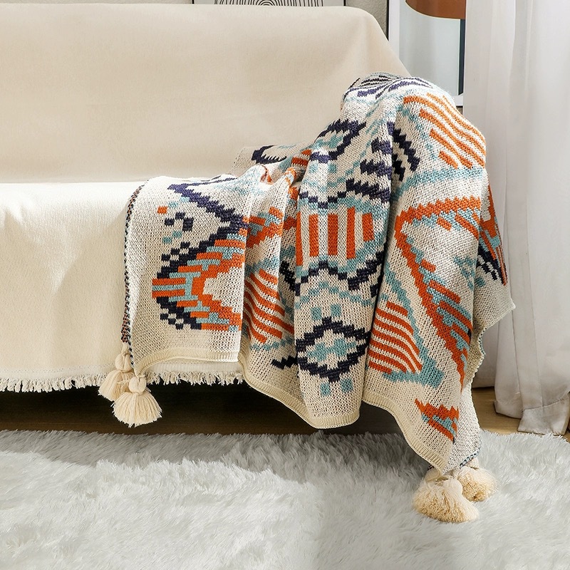 Boho вязать бросить одеяло с геометрическим ромбовидным узором и кисточками
